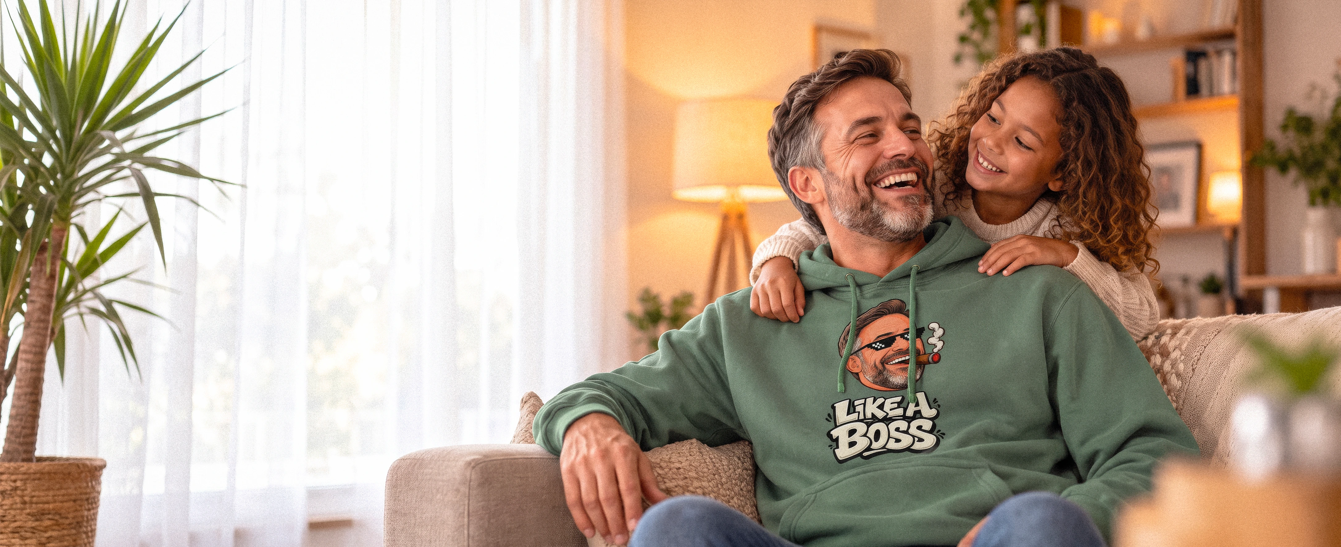A father and daughter wearing a personalized sweatshirt